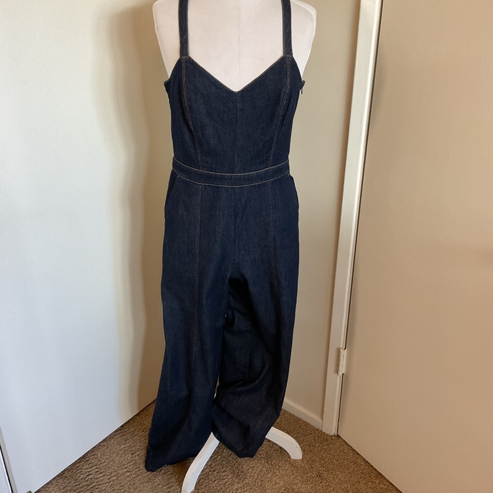Banana Republic Denim Wide Leg Jumpsuit Size 8 Dark Blue Cotton Adjustable - Picture 2 of 8